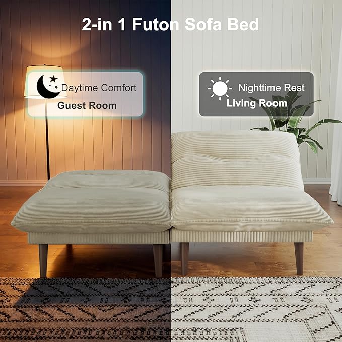 DreamDashio Futon Sofa Bed, 4 in 1 Multi-Functional Futon Couch with Adjustable Backrest, 75 inch Convertible Sleeper Sofa Bed and Recliner Lounge, Corduroy Loveseat for Living Room, Apartment, Beige