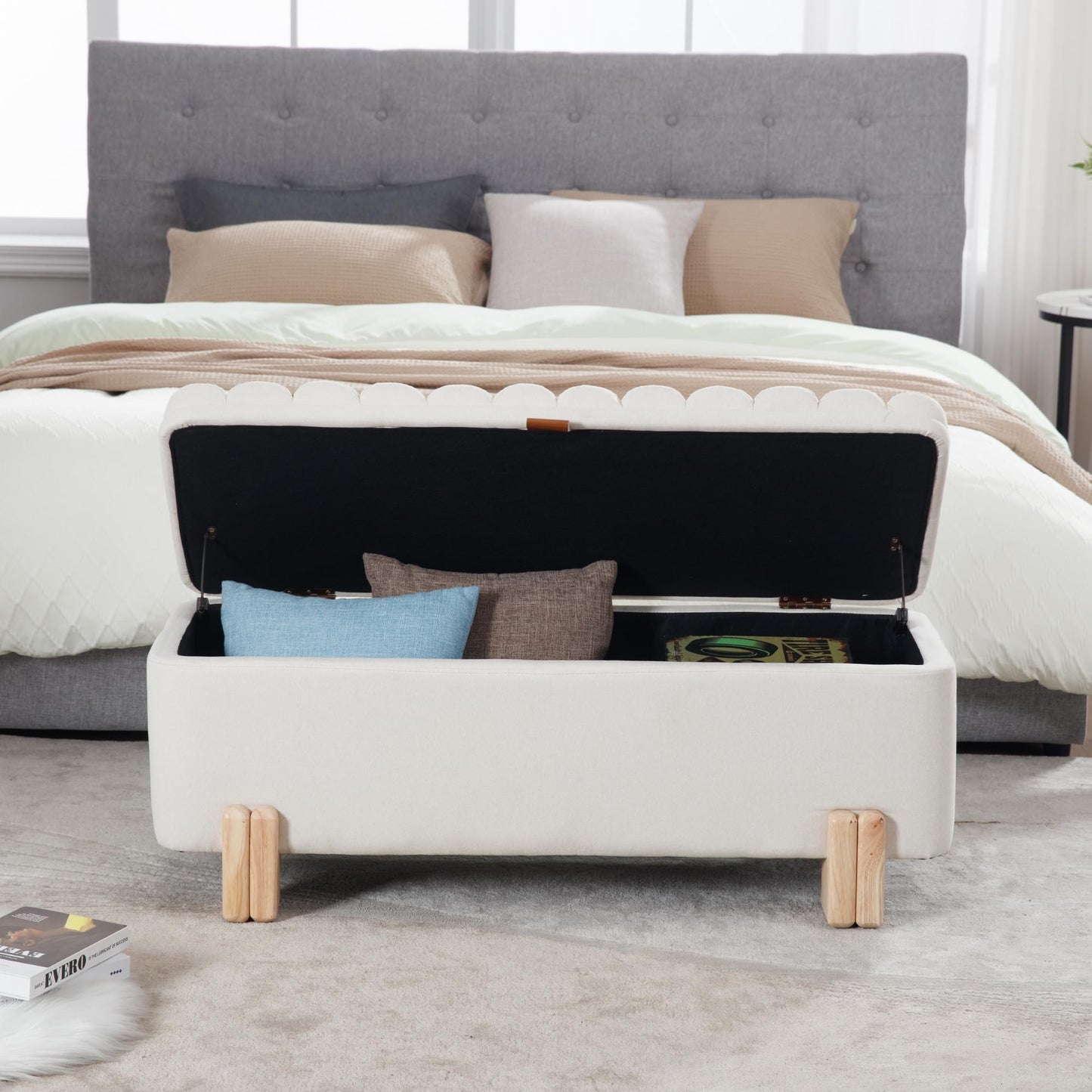 LZAREAL Wavy Ottoman Storage Bench Multi-Functional Narrow Entryway Bench Elegant End of Bed Bench with Storage and Safty Hinge for Living Room Entryway Hallway Bedroom Boutique, Beige