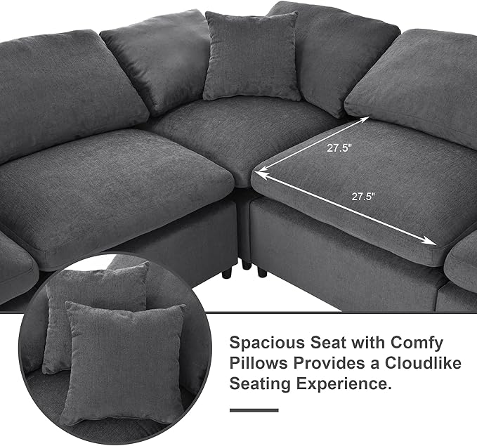 KIVENJAJA 130.3" W Oversized Modular Sectional Cloud Sofa Couch, Large Living Room Furniture Set, 7 Seater Convertible with Ottoman for Large Spaces, Chenille Fabric, Modern Style, Dark Grey