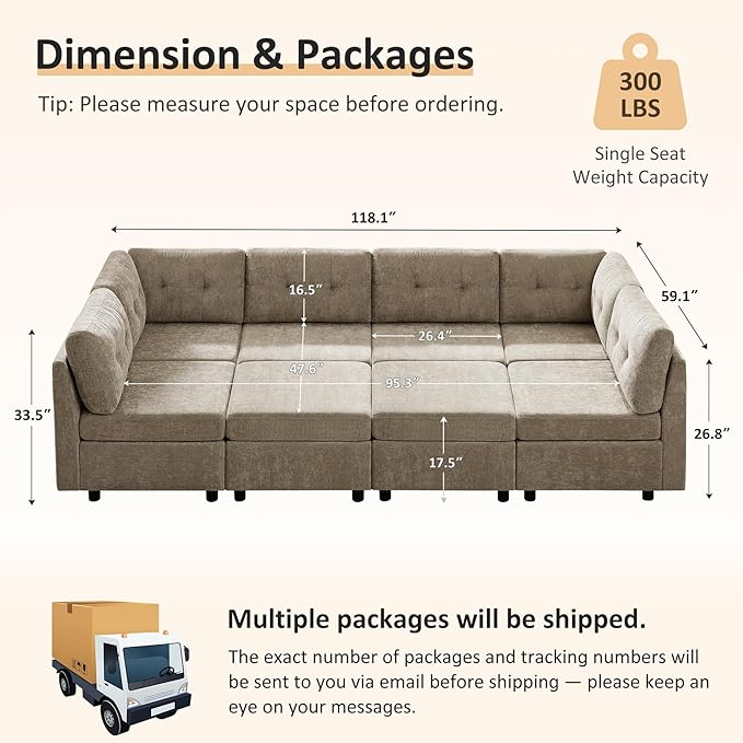 VANOMi 118 Inch Cloud Modular Sectional Sofa with 2 Ottomans, 8 Seat Cloud Sectional Sofa Bed, Chenille Sofas & Couches for Living Room, Apartment, Office, Camel
