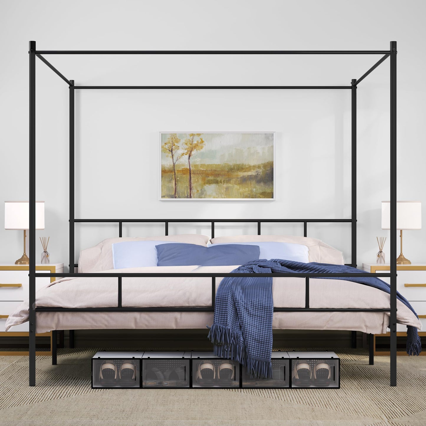 DWVO King Size Canopy Bed Frame, Metal Bed Frame with Four Posters, Heavy Duty Slat Support with Built-in Headboard, No Box Spring Needed, Black