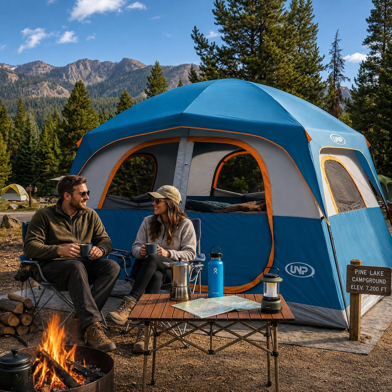 UNP Tents for Camping 6 Person Waterproof Windproof Easy Setup, Double Layer Cabin Tent with 1 Mesh Door & 5 Large Mesh Windows - 10'x9'x78in(H) Blue