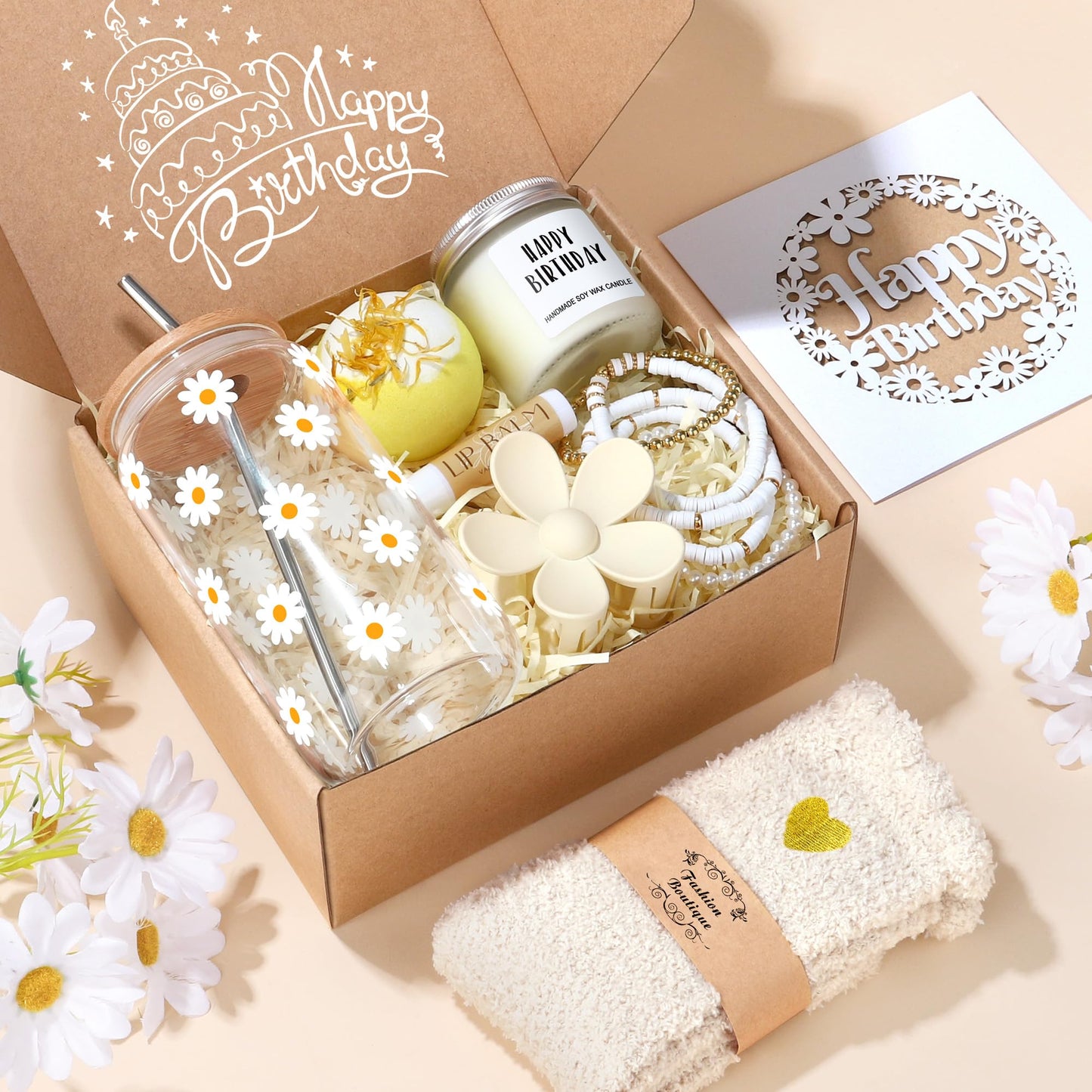 Birthday Gifts for Teen Girls, Women, Teenage Girl Birthday Gift Sets for Teen Girls Tween Gifts for Teenage Girl Cute Daisy Aesthetic Glass Cup Gift Basket for Teens, Women, Sister, Her, Friend