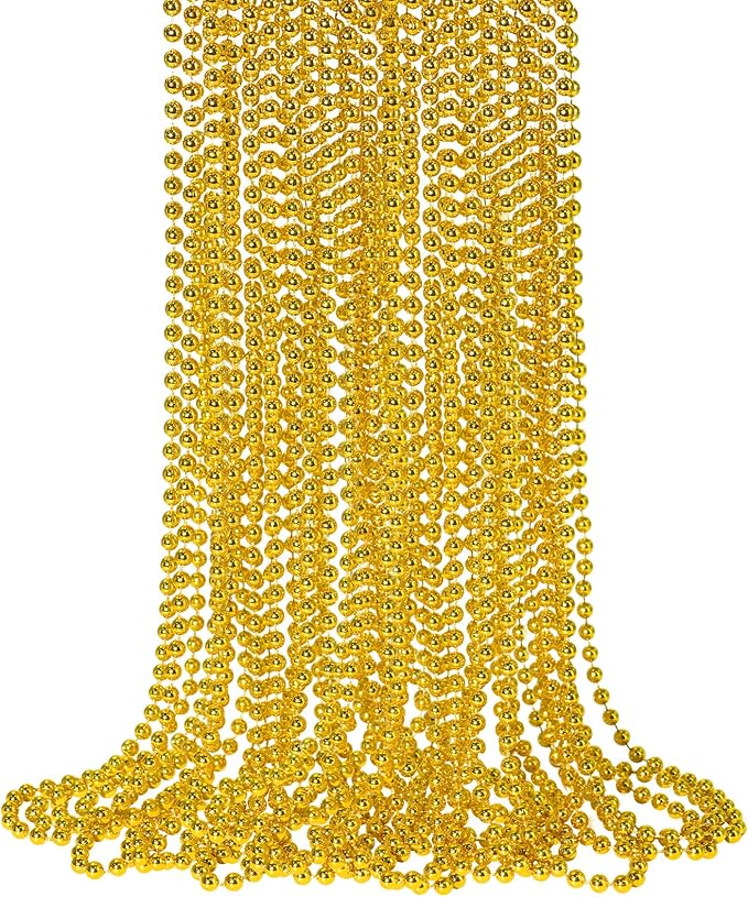 SHAOQINLIN 12 PCS Gold Bead Necklace, Mardi Gras Beads Christmas Necklaces 33" Metallic Beaded Costume Party Necklaces for...