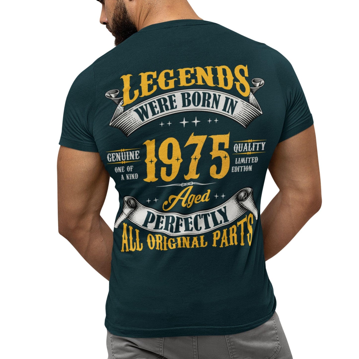 50th Birthday Shirt for Men, Legends were Born in 1975, Vintage 50 Years Old T-Shirt, Left Chest & Full Back Print Navy Heather Medium