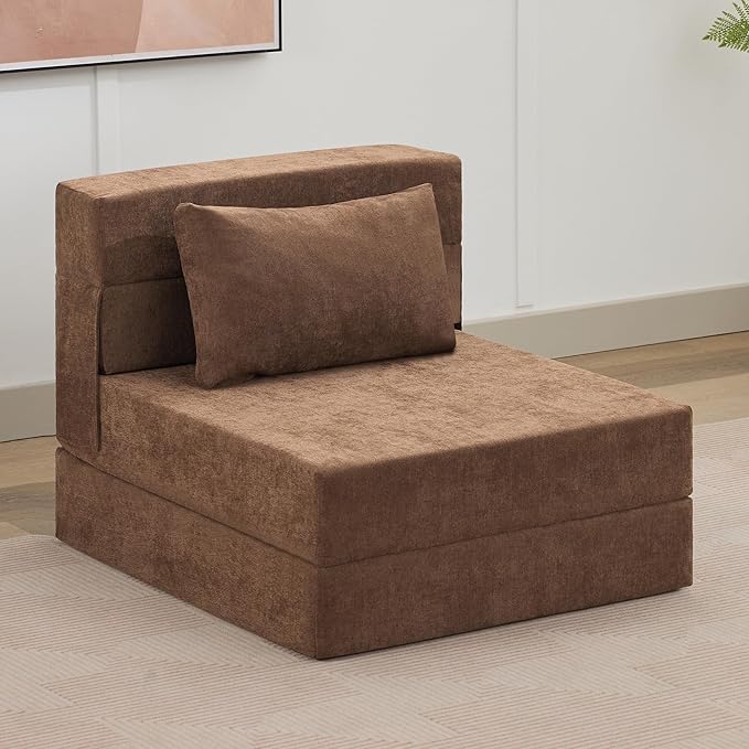 WUTUTUEE Folding Sofa Bed Convertible Floor Couch Foldable Chair Bed with Pillow，Linen Sleeper Chair Futon,Foldable Memory Foam Mattress for Bedroom/Living Room/Dorm/Office (Brown, Single)