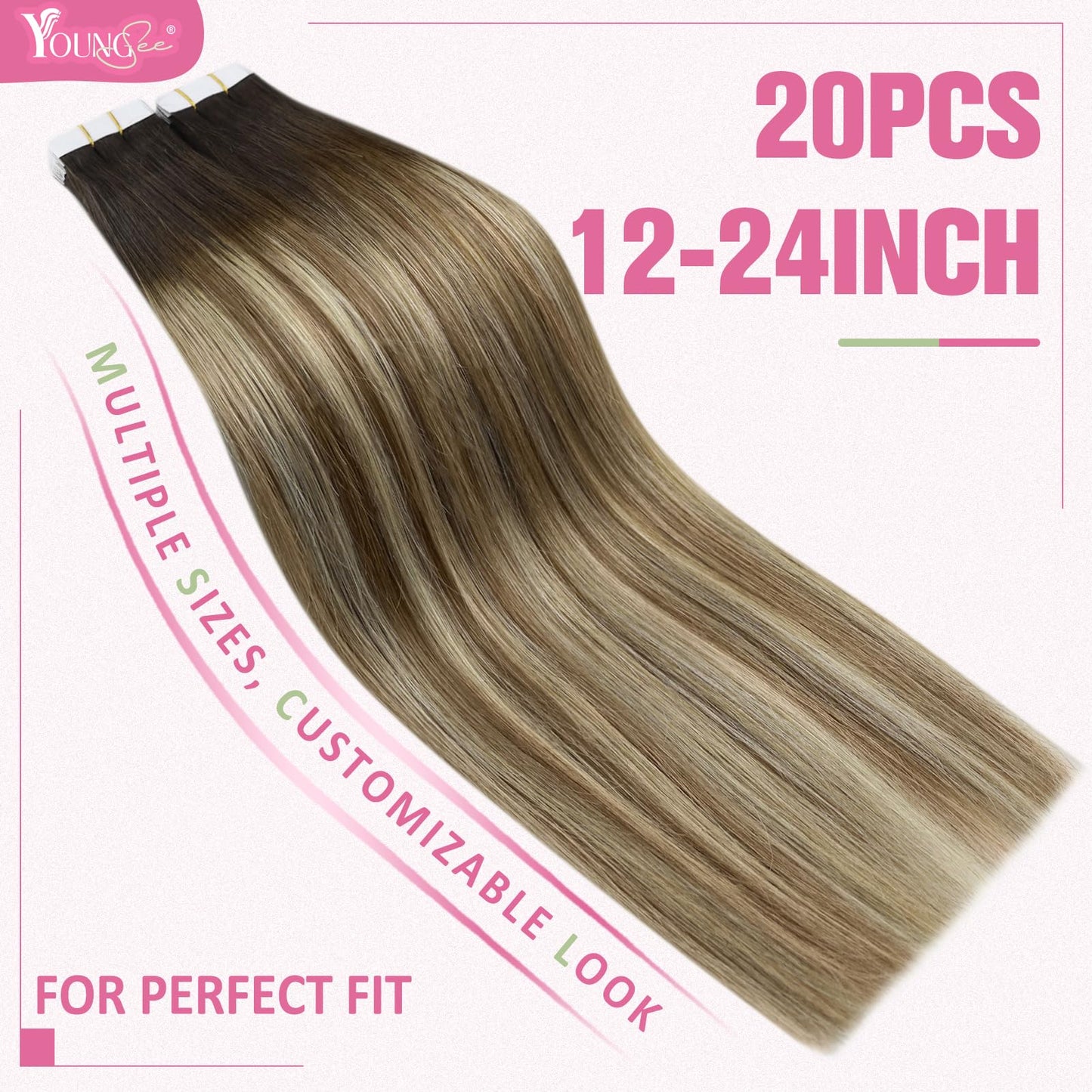 YoungSee Tape in Extensions Human Hair Brown Balayage Hair Extensions Tape in Brown Ombre Medium Brown with Blonde Tape in Hair