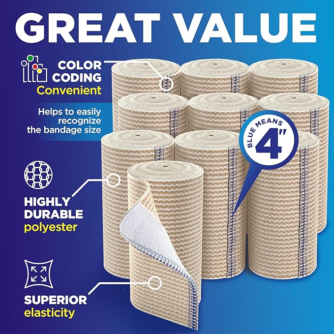 Premium Elastic Bandage Wrap - 4” (10pk) - Strong Compression - Self-Closing Reusable Bandages for Legs and Arms - Wrist, Elbow, Foot, Knee Wrap