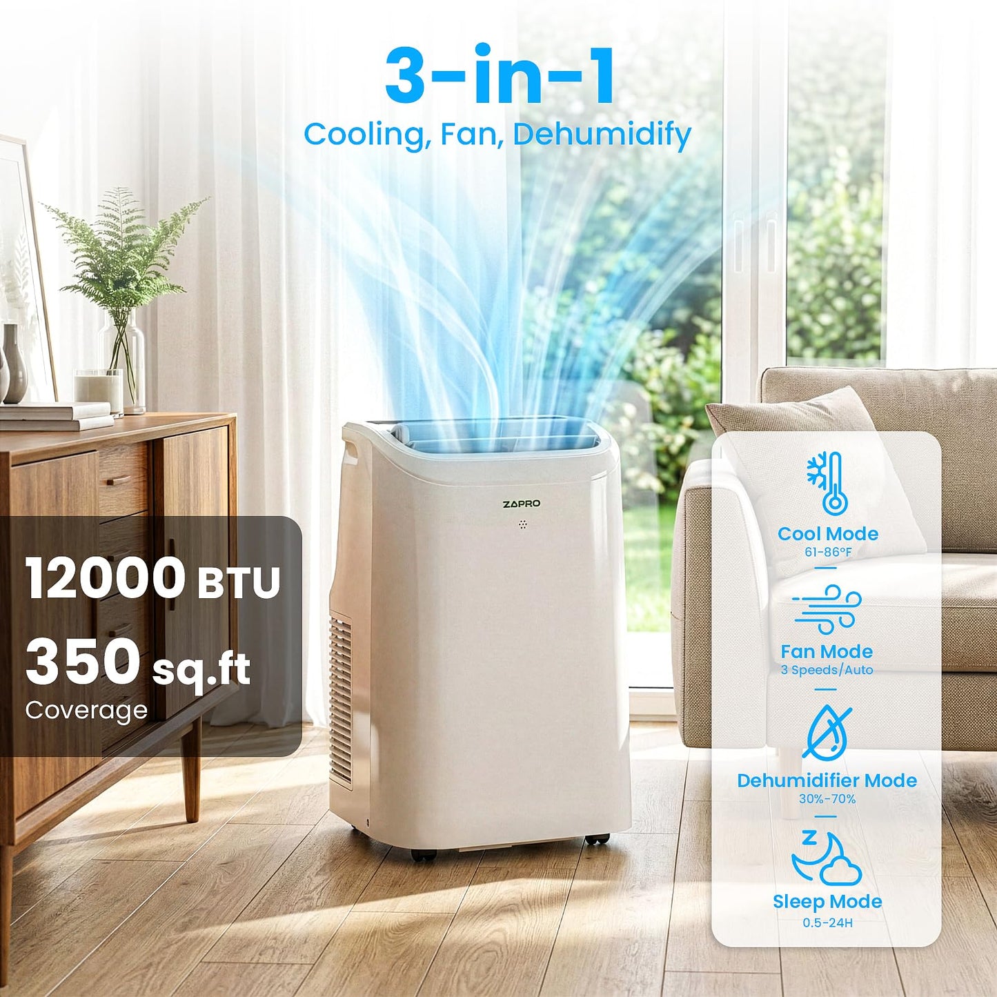 ZAFRO Portable Air Conditioners, 12000 BTU, 3 in 1 Portable AC with Drainage-free Cooling, Fan & Dehumidifier, Smart AC Unit with APP/Remote Control, 47dB Quiet, 24H Timer for Living Room, Bedroom
