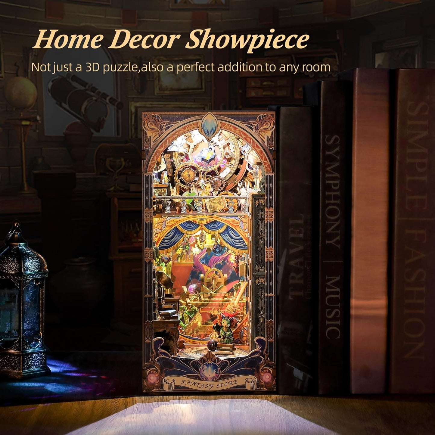 3D Wood Puzzle Book Nook Kit, Fantasy Store Bookshelf Insert with LED Lights, DIY Magical Miniature Bookend Décor for Display, Unique Craft Gift for Adults and Teens (Fantasy Store)