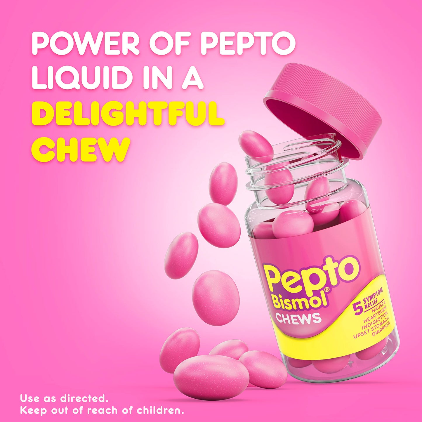 Pepto Bismol Chews, Upset Stomach Relief, Nausea Relief, Heartburn Relief, Indigestion Relief, Anti Diarrhea Medication for Adults - 5 Symptom Fast Relief, 72 Chewable Tablets (3x24 ct)