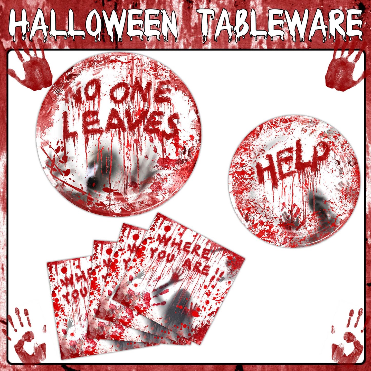 HEKEDES 48Pcs Halloween Bloody Good Time Party Tableware Set: Including 24Pcs Halloween Napkins, 12Pcs 9" Plates and 12Pcs 7" Plates for the Halloween Zombie Skull Bloody Party Table Decorations