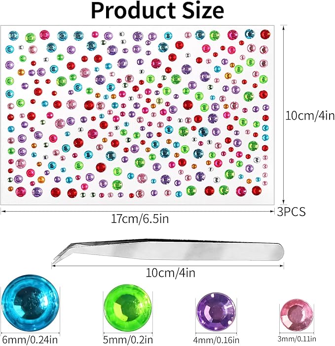 Self Adhesive Face Gems and Pearls for Makeup, Festival Jewels, Hair Gems, Rhinestone Stickers for Face, Eye, Makeup, Nail, Body, Crafts 3/4/5/6 mm 975Pcs (02.gem_Color)