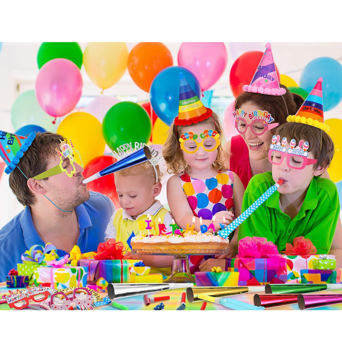 Sratte 36 Pcs Birthday Party Favors Set, Happy Birthday Hat Headband Glasses Noise Makers Party Horns for Adults Kids(Rainbow Style)