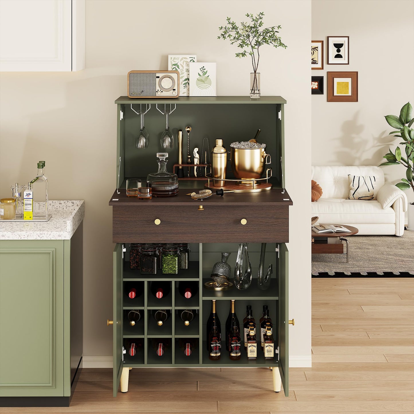 ANCTOR Bar Cabinet with Foldable Countertop 53" Liquor Cabinet Bar for Home with Wine Rack Hidden Storage Adjustable Shelf Large Drawer Wine Bottle Slots Quiet Closed Hinges