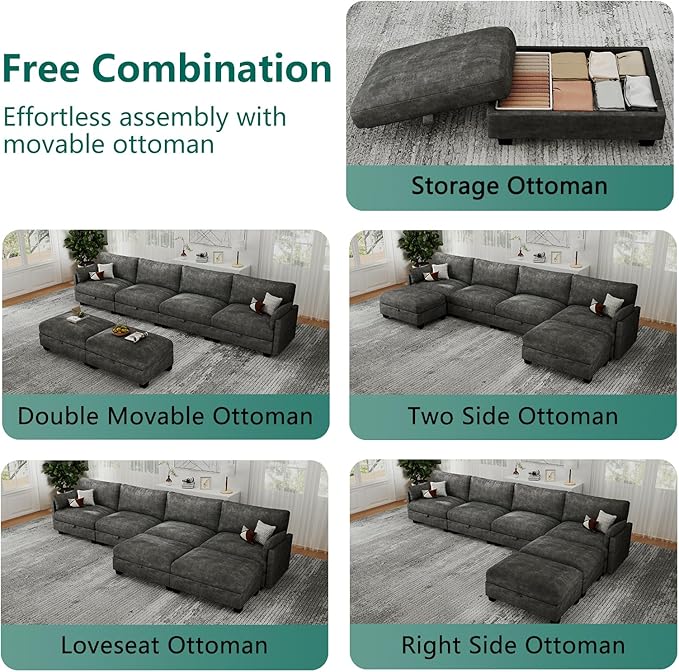 OhaiAura Modular Sectional U Shaped Sofa Couches for Living Room, Cloud Couch with Storage Ottoman, Comfy Chenille Sofa with Pillow, Dark Gray