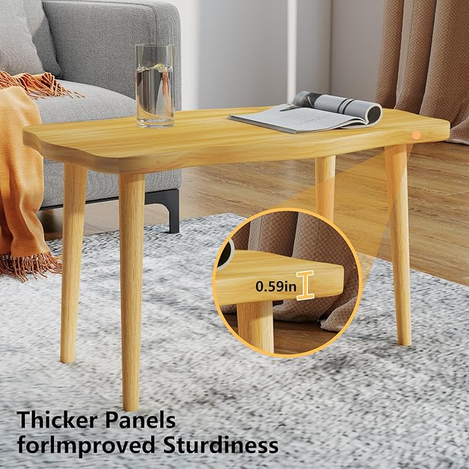Funecy Cookie Coffee Table Low Table with 4 Solid Wood Sturdy Legs, Floor Table Desk for Sitting on The Floor, Storage and Living Room Furniture (Natural)