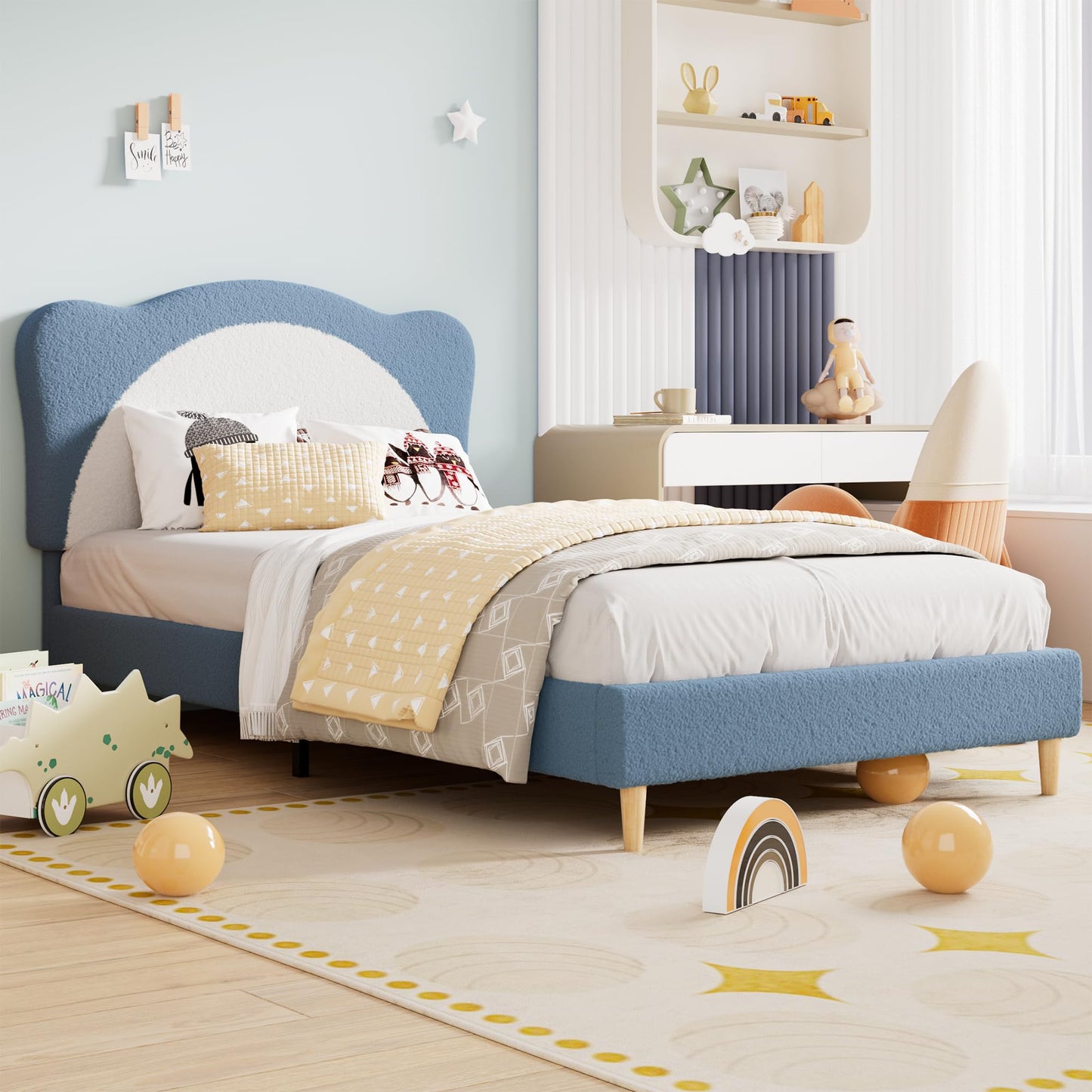 GarveeHome Upholstered Twin Bed Frame for Kids - with Adjustable Chic Scallop Headboard, Cute Velvet Princess Platform Bed for Girls/Kids, Solid Wood Slats Support, No Box Spring Needed, Blue + White