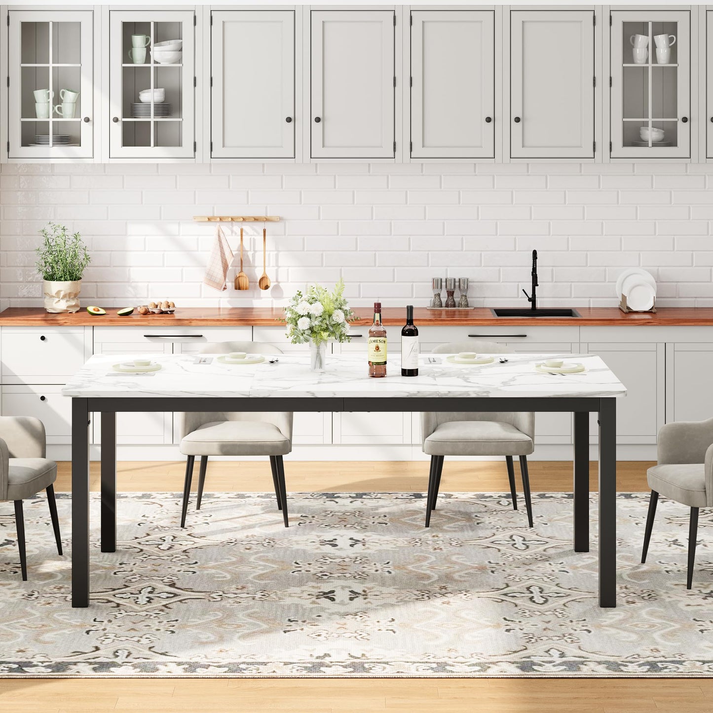 Sunvasagoo Dining Table for 6 People, Farmhouse Wood Kitchen Table, Rectangle Furniture with Metal Legs Wooden Conference Tables Writing Desk for Living Room