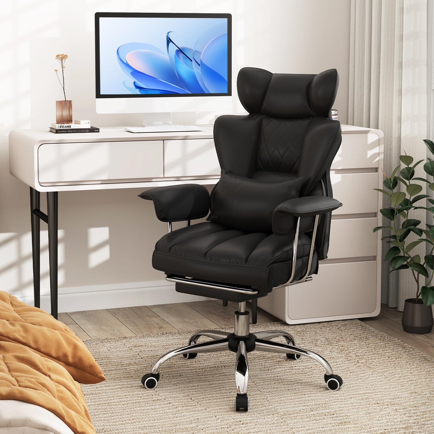 Giantex Office Desk Chair, Big and Tall Executive Office Chair with Foot Rest and Lumbar Support, High Back Leather Swivel Computer Task Chair, Large Ergonomic Reclining Home Office Chair, Black