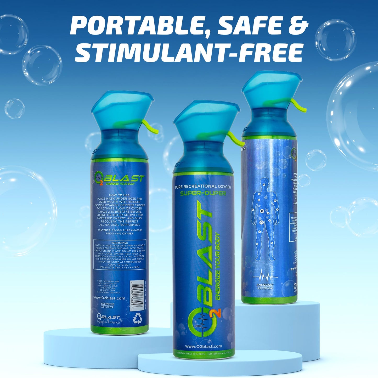 O2 Blast Portable Oxygen Tank - Canned air inhaler with 99.99% pure content, personal canister for breathing support, high altitude sports use, emergency kit, small portable tank with mask 10L, 2 Pack