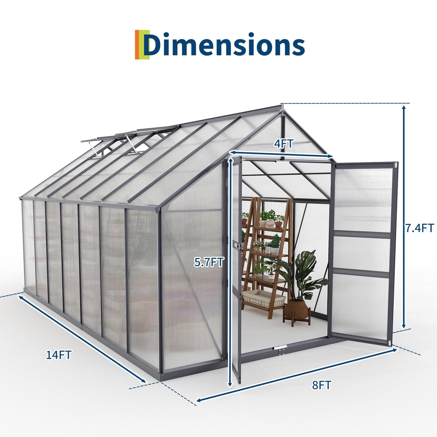 8×14FT Polycarbonate Greenhouse for Outdoors, Large Walk in Green House Kit and Winter Garden Planting, Enhanced Aluminum Green Houses for Outside to Protect Vegetables or Plants