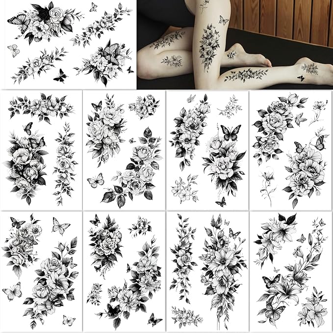 CHARLNET Large Flower Temporary Tattoos for Women - 33 Pcs Realistic Black Flower Rose Fake Tattoos for Women Body Art Arm Chest Legs Shoulder Abdomen