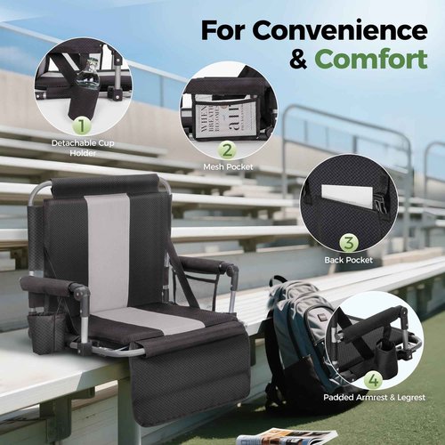 GREEN PARTY Stadium Seats for Bleachers 2 Pack Portable Outdoor Floor Folding Stadium Chair with Armrest, Back Support, Cup Holder, Mesh Bag and Hide Hooks