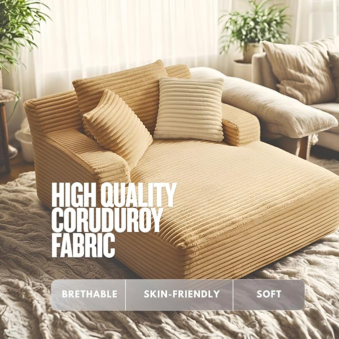 Alpen 66" Oversized Chaise Lounge, Boneless Couch Indoor, Corduroy Couch Boneless Sofa Chair for Reading with Wide Armrest and 3 Throw Pillows, No Assembly Required, Beige