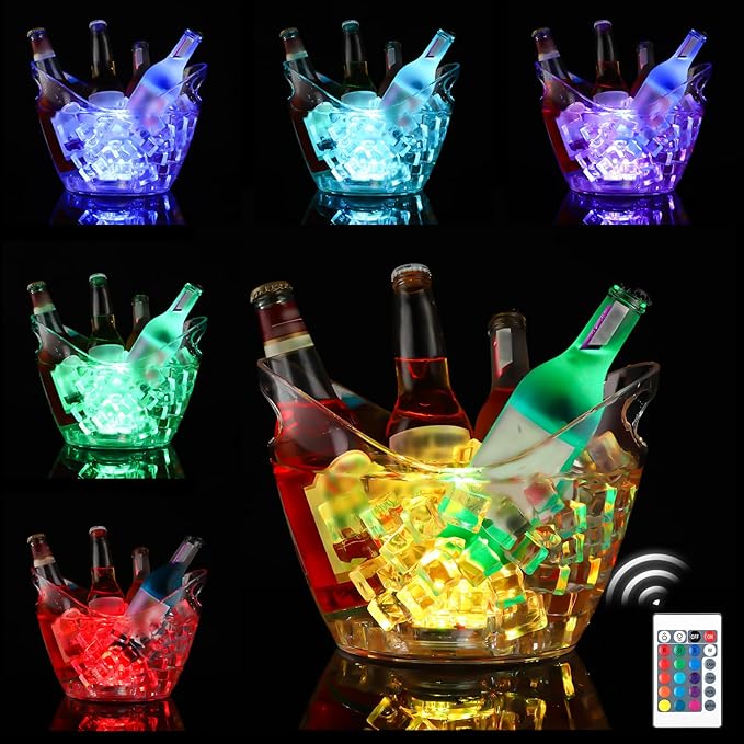 Funnymoom 4L LED Ice Buckets with Waterproof Light and Remote Control Light up Plastic Ice Bucket Clear Large Capacity Bee...