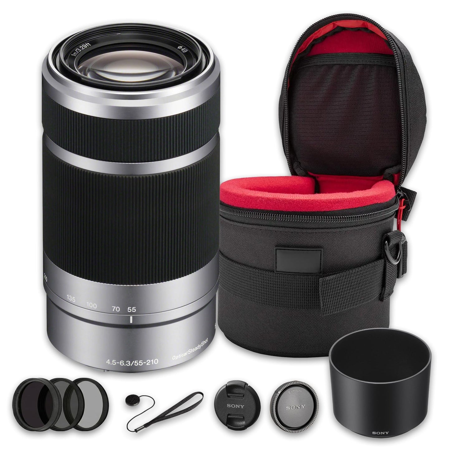 Sony E 55-210mm f/4.5-6.3 OSS Lens Bundle (Silver) | APS-C Telephoto Zoom with Optical SteadyShot Stabilization & Lightweight Design | for Travel & Sports (SEL55210) + Filter Kit + Case + Cap Keeper