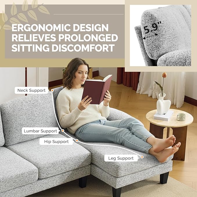 VINGLI 110' U-Shaped Sectional Couch with Two Chaise, Affordable Small Sofa with 4 Seats, Chenille Fabric Comfy Couches for Living Room, Light Grey