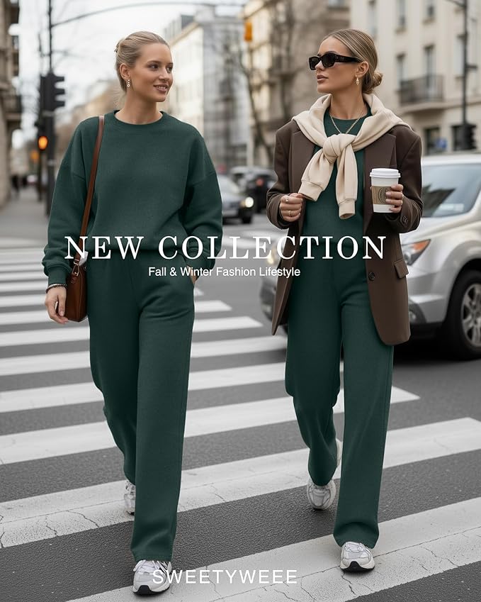 Sweetyweee Women's 2 Piece Outfits Set Fleece Lined Lounge Sweatsuit Crewneck Pullover Top Wide Leg Pants Casual Tracksuit