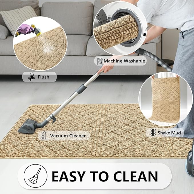REFETONE Indoor Doormat, Front Back Door Mat 24"x36" Absorbent Rubber Backing Non Slip Door Mats, Low-Profile Resist Dirt Entrance Rugs, Machine Washable Door Rug Inside Floor Mat for Entryway, Beige