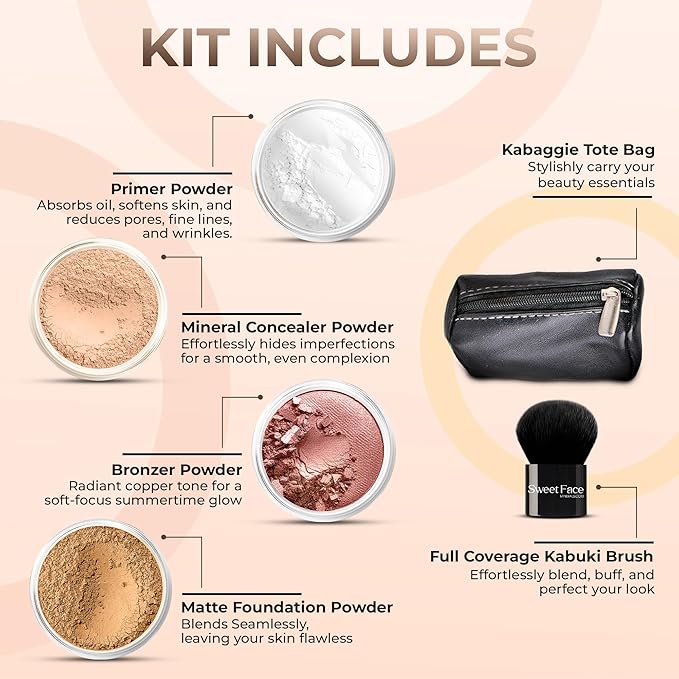 6pc FULL SIZE KIT KABUKI & KABAGGIE Tote Mineral Makeup Set Matte Foundation Bare Face Sheer Powder Cover (Deep Tan)