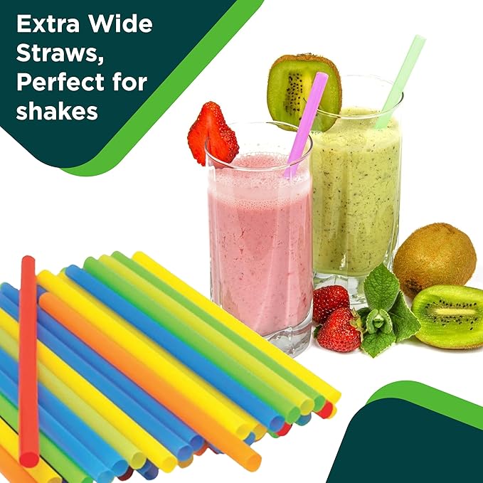 9" Wide Mouth Milkshake/Smoothie Straws/Assorted Neon Colors - Pack of 210ct