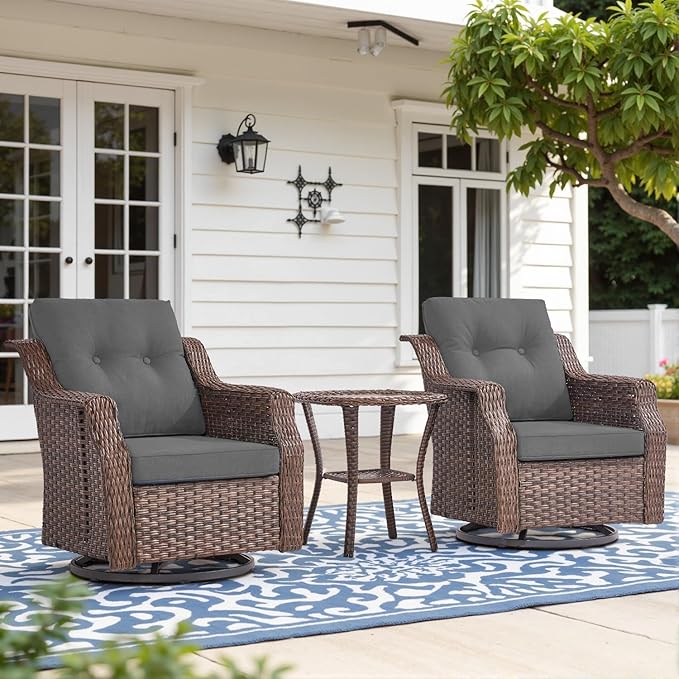 Belord 4" Thick Cushion Outdoor Swivel Rocker Patio Chairs Set of 2, Wicker 3 Piece Patio Furniture Set with Side Table and Comfort High Back Outdoor Patio Glider Chair - Brown Wicker/Grey Cushion
