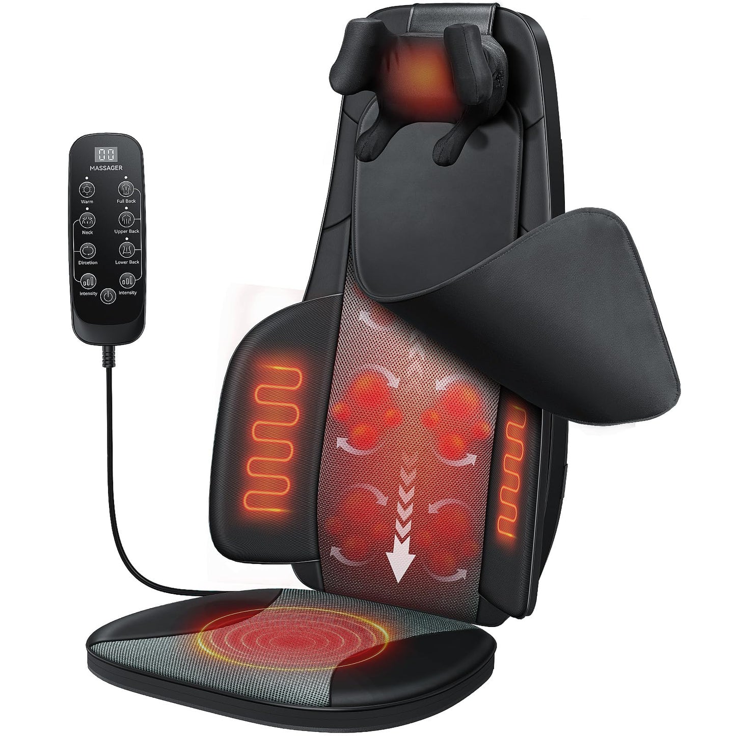 Back and Neck Massager for Chair with Heat, Shiatsu Shoulder Massage Seat Cushion with Finger-Grip Neck Kneading, Full Back Deep Tissue Rolling, Seat Pad, Adjustable Height, Office & Home Use, Black