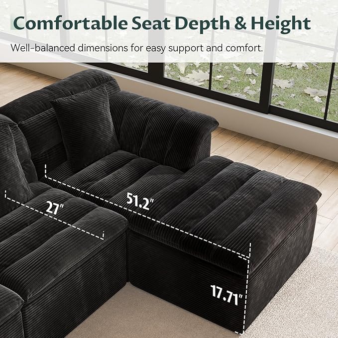 SUNG7 111.8" Modular Sofa with Ottoman, Boneless Cloud Couch with Deep Seat, Comfy U-Shape Corduroy Couches for Living Room, No Assembly Required, Black