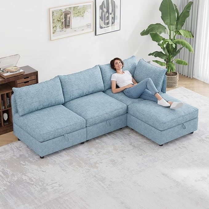 FIRLZY Modular Sectional 4 Seater Sofa with Removable Covers and Storage, Convertible L-Shaped and Sleeper Sectional, Modern Upholstered Couch with Removable Ottoman for Living Room, Blue