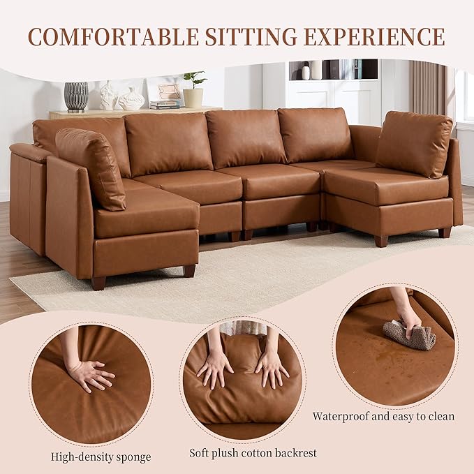 Modular Sectional Sofa,Modern U Shaped Sectional Couches for Living Room,6 Seat PU Leather Deep Seat Sectional Cloud Couch with Storage