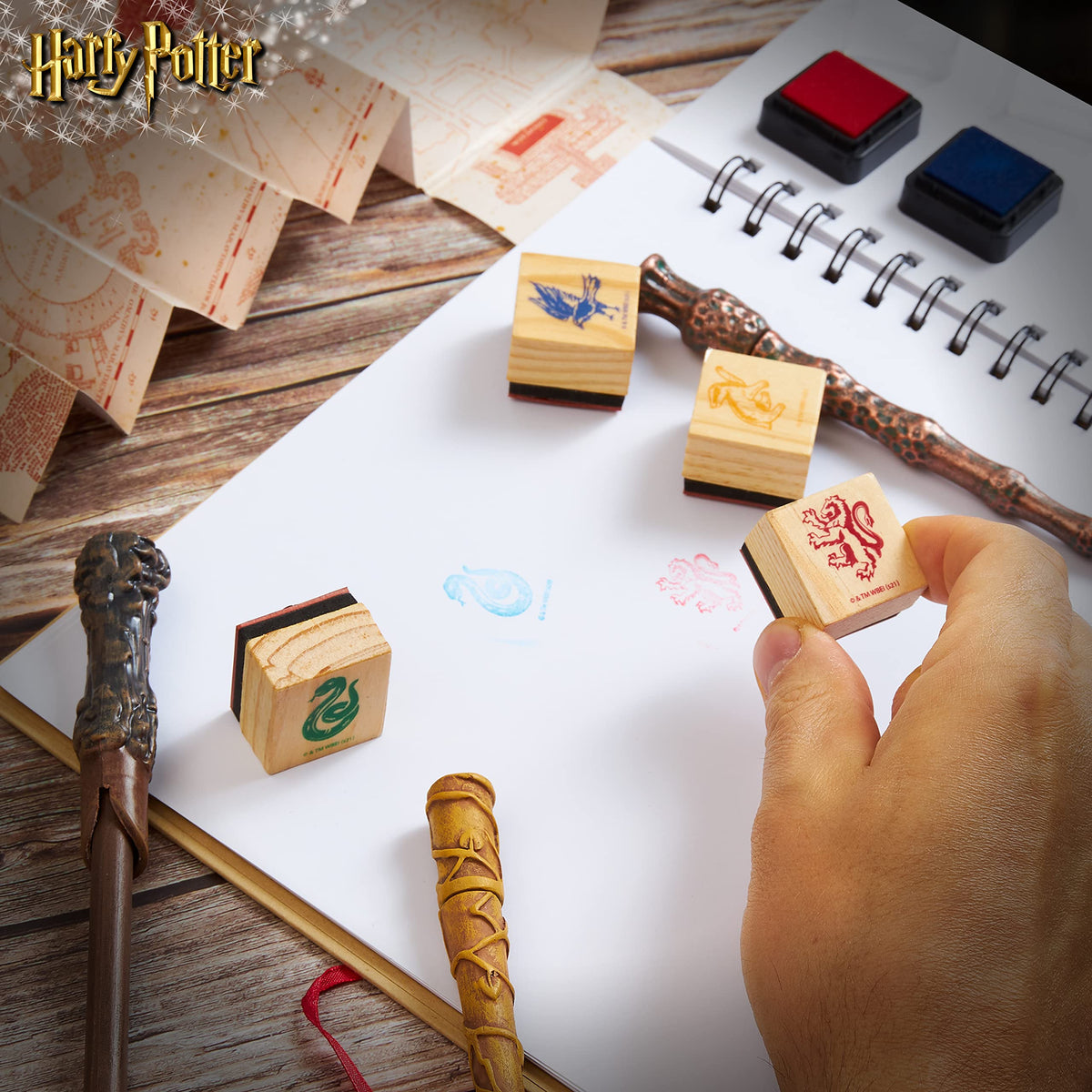 Harry Potter Stationary Set for Boys Girls with 4 Wand Pens Black Ink Marauders Map Hogwarts House Stamp Kit Cute School Supplies Gifts for Kids