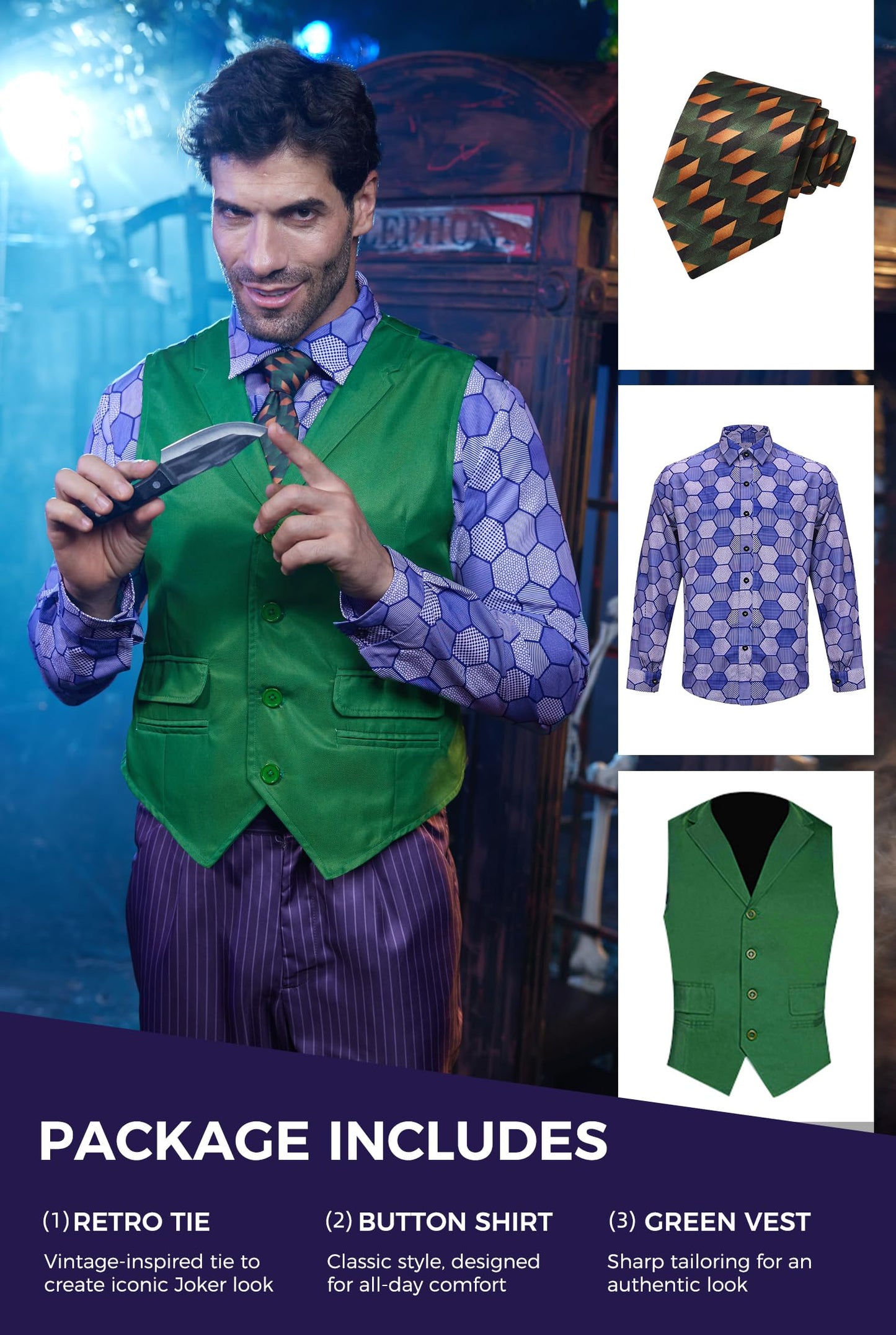Mainfini Man Joker Costumes Halloween Theme Party Funny Classic Dark Horror Knight Movie Cosplay Regular Fit Novelty Purper Graphic Shirt Green Vest Tie Suit Outfit Adult 3 Piece Set XL