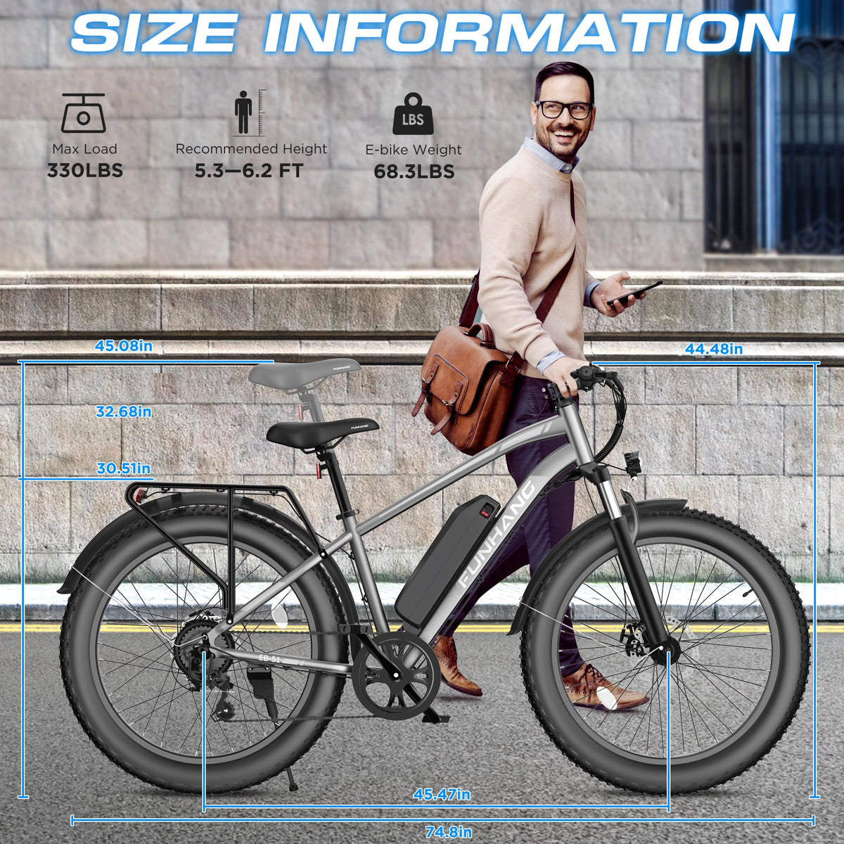 Funhang Electric Bike for Adults, 1000W Peak Ebike, 25MPH 60Miles Electric Mountain Bike, 26" Fat Tire Electric Bicycle with 48V 13AH Battery, Rear Rack, Turn Signal, Lockable Suspension Fork,7 Speed