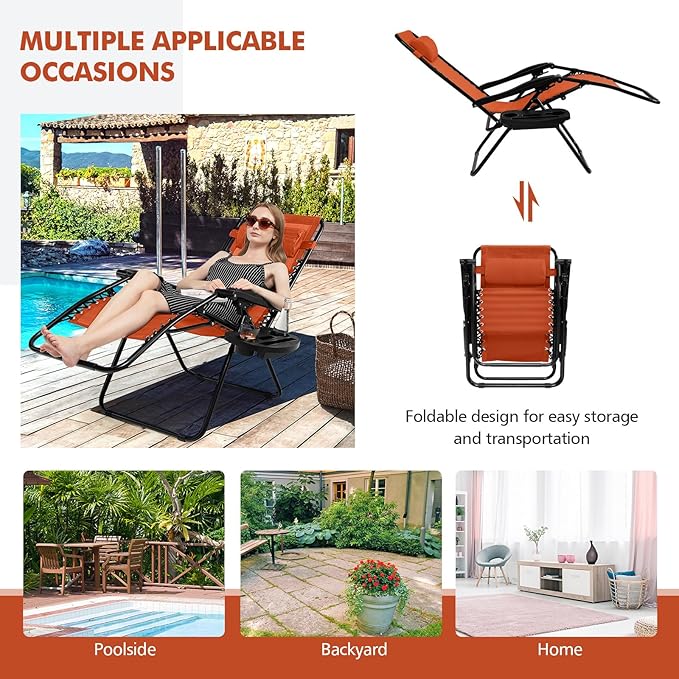 Tangkula Zero Gravity Chair, Folding Patio Lounge Chair Adjustable Outdoor Recliner with Cup Holder, Wide Armrest for Patio Garden Poolside Outdoor Yard Beach, Support 350 lbs (1, Orange)