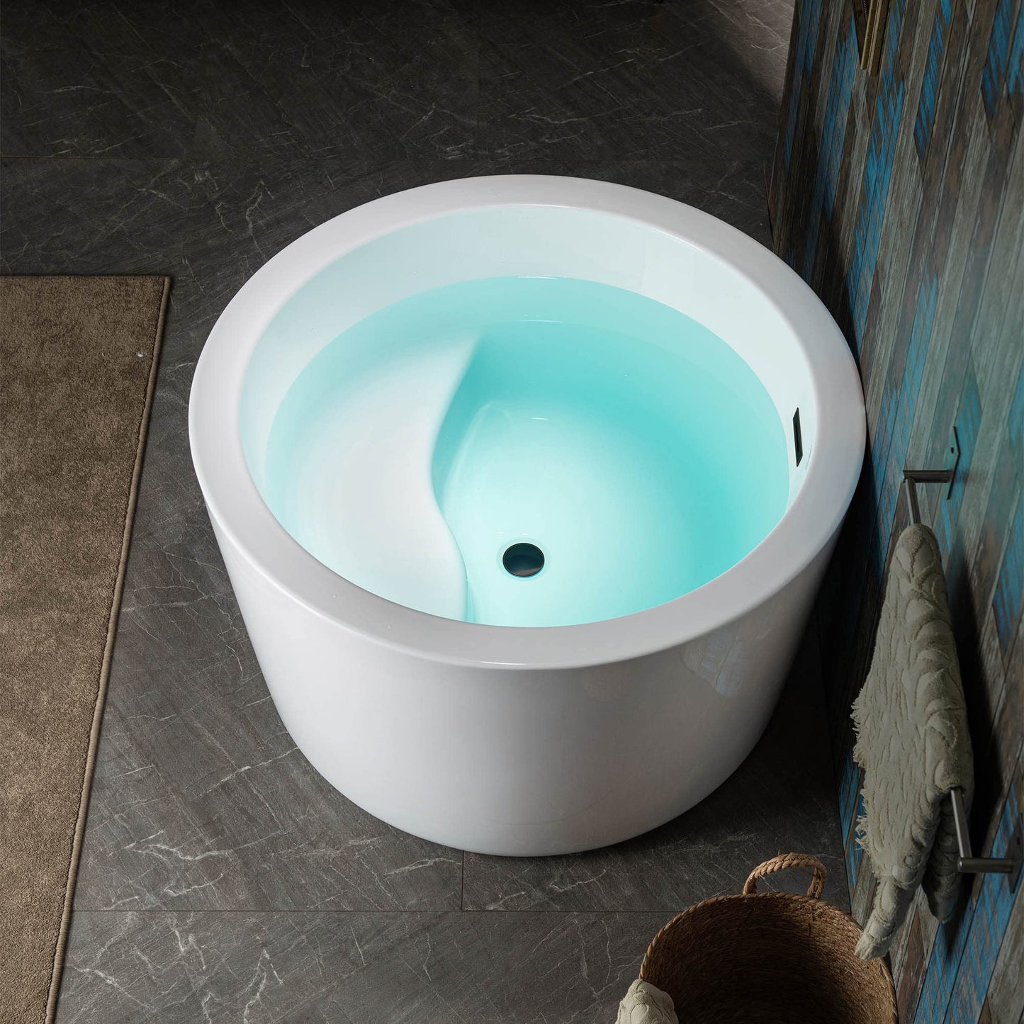 WOODBRIDGE 41" Acrylic Freestanding Round Contemporary Soaking Tub with Pre-molded Seat and Oil-Rubbed Bronze Overflow and Drain Option, White
