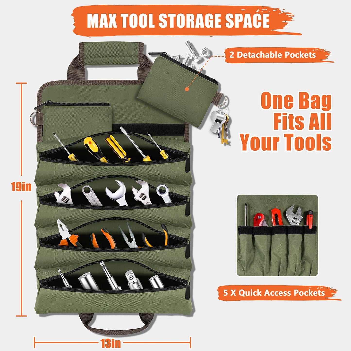 Roll Up Tool Bag-Gifts For Men Dad Husbands Him, Father's Day Birthday Gifts For Men, Heavy Duty Tool Organizer Bag With 2 Detachable Pouches Mechanic Carpenter (Green)