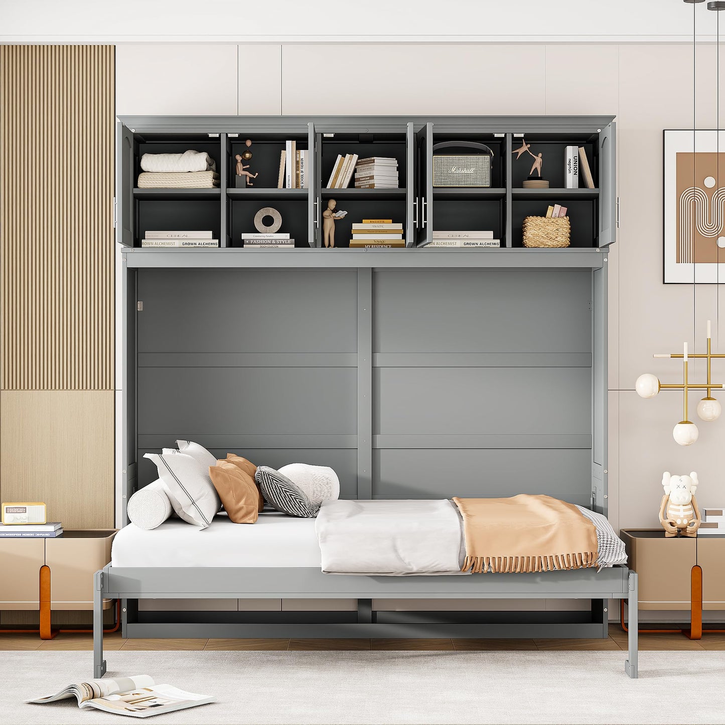 YOPTO Full Size Murphy Bed Cabinet,Folding Wall Bed Frame with Top Storage Lockers,Hidden Platform Bed Chest W/Wood Slats Support,Space-Saving,Easy Assembly,for Bedroom,Guest Room,Home,Office,Gray