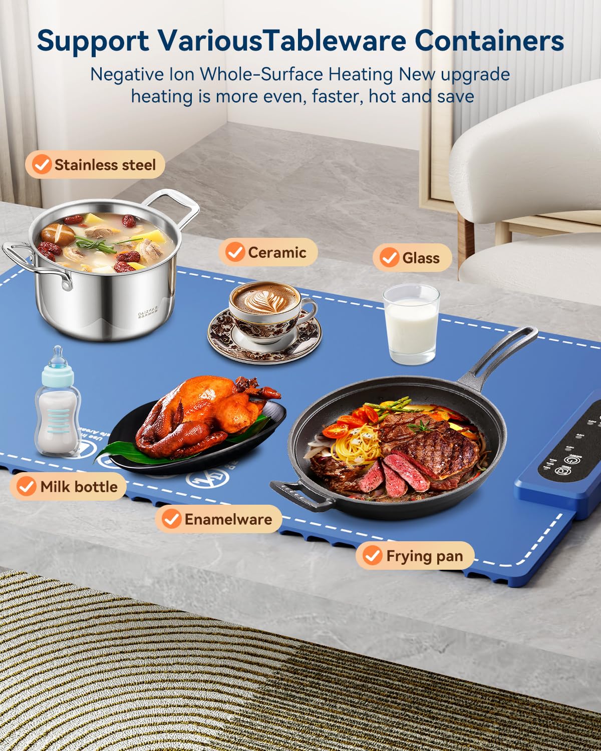 Negative ion Food Warming Mat with Adjustable Temperature,Foldable Electric Warming Tray for Parties Features 3 Modes & Fast Heating,Roll Up Food Warmer for Parties,Shabbat,Christmas (Blue)