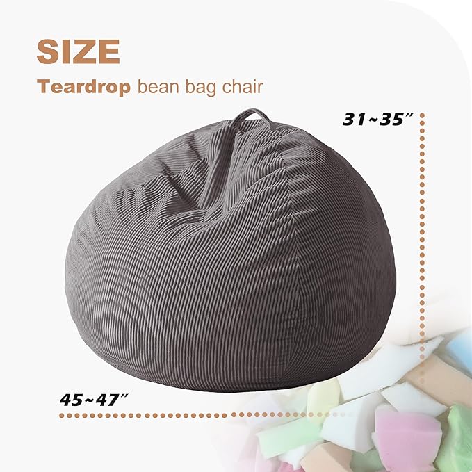 Homguava 4FT Bean Bag Chair for Adults,Teardrop Bean Bags Big Beanbag Chair with Memory Foam Filled and Ultra Soft Removable Corduroy Cover for Living Room, Bedroom (Grey)